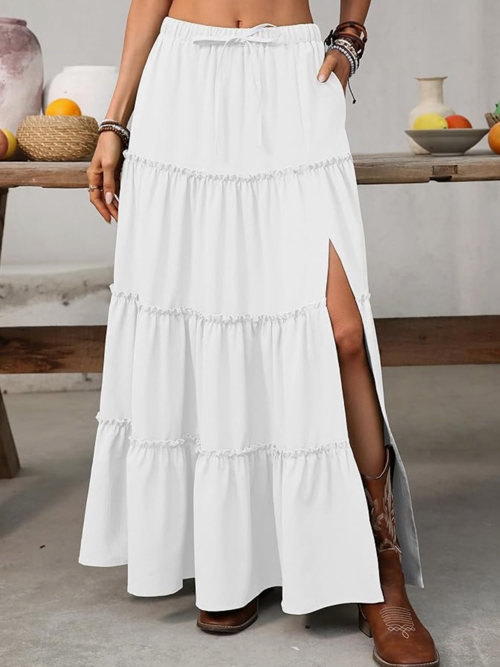Women’s White Tiered Maxi Skirt with Side Slit - Picture 2 of 7